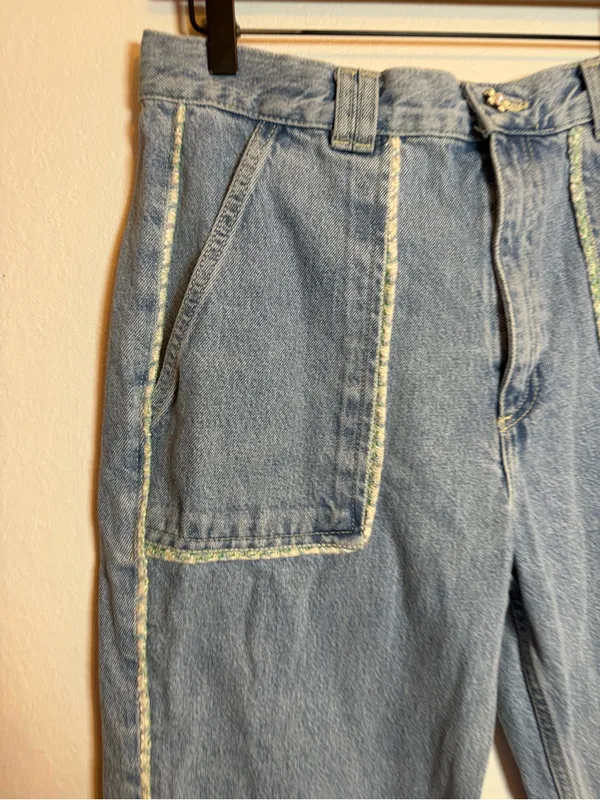 Zara‎ High Rise Tweed Trim Jewel Button Crop Wide Leg Light Wash Jeans - Image 5
