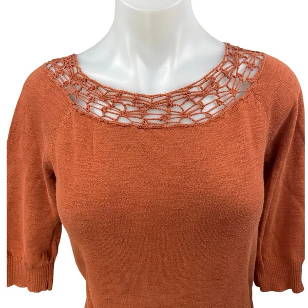 Rubbish Orange Knit Crochet Lace Half Sleeve Crew Neck Blouse Sweater Top Size M - Image 3