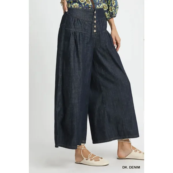 Umgee Stone Washed Wide-Leg Button-Front Culottes -‎ Large - Image 2