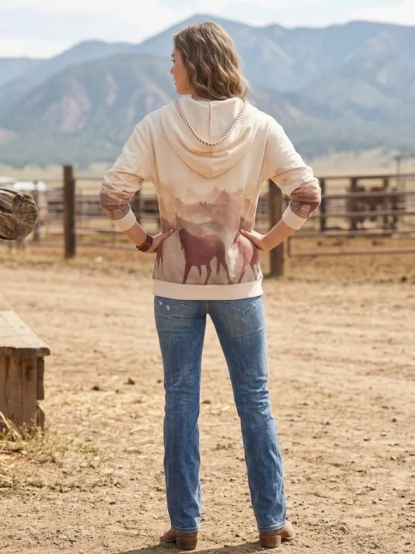 Shyanne Cream & Brown Horse-Print Hooded V-Neck Pullover - Image 3