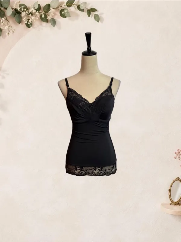 Black Lace Satin Camisole Lingerie Top Adjustable Straps - Image 2