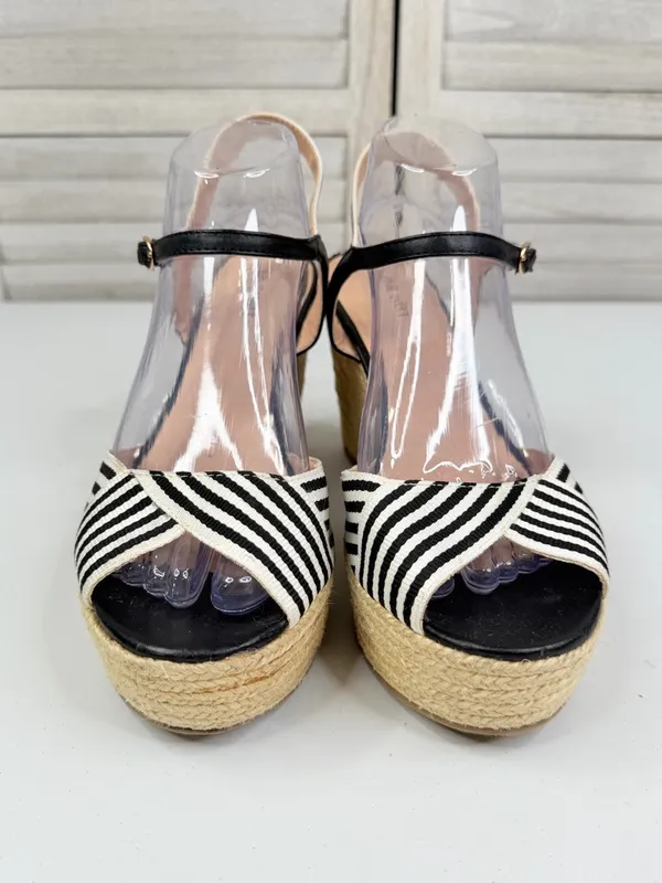 NINE WEST Women's "BREEZE0L1" Striped Espadrille Wedge Sandal Black/White-9.5M - Image 4
