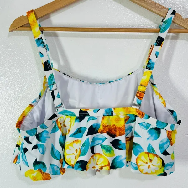 Cupshe Bikini Top Womens 1X White Lemon Print Flounce Ruffle‎ Adjustable Straps - Image 2