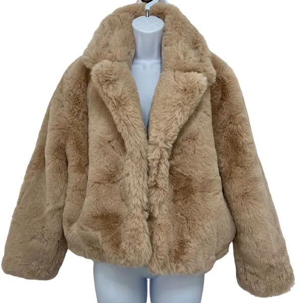 MinkPink Faux Fur Anya‎ Jacket Coat L Tan Fuzzy Plush Cozy Mobwife Party Retro - Image 3