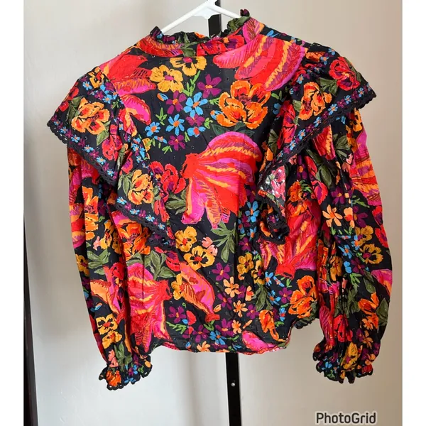 Farm Rio Black Spring Banana Colorful Ruffled Blouse Top NEW - Image 3