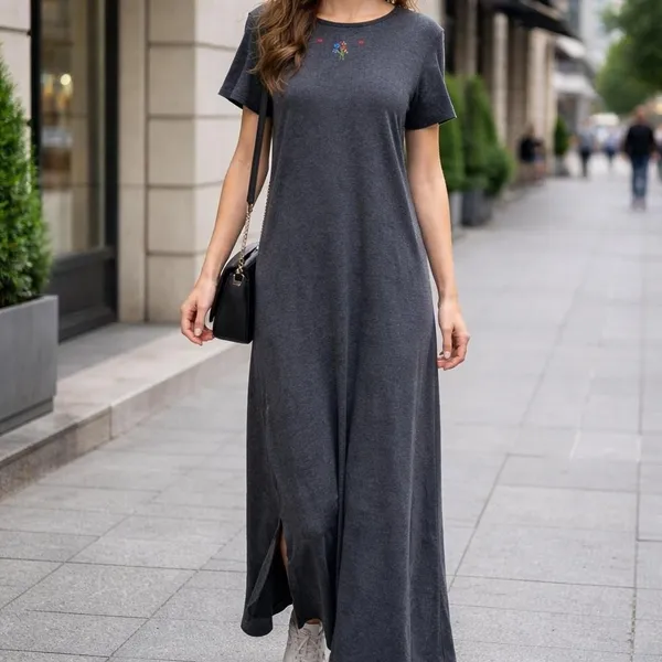Marisa Christina Gray Maxi Dress M Floral Embroidery Cottagecore Modest Teacher - Image 2