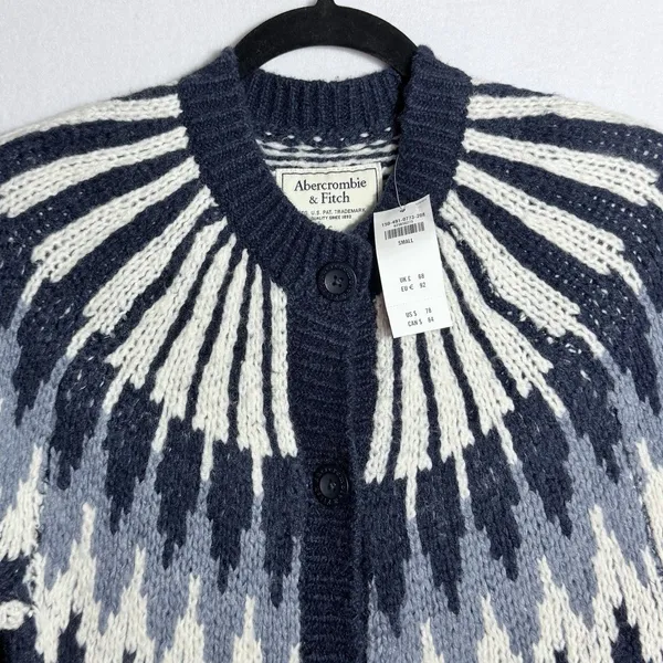 NEW Abercrombie & Fitch Blue Fair Isle Wool Nordic Sweater Cardigan Women's S - Image 5