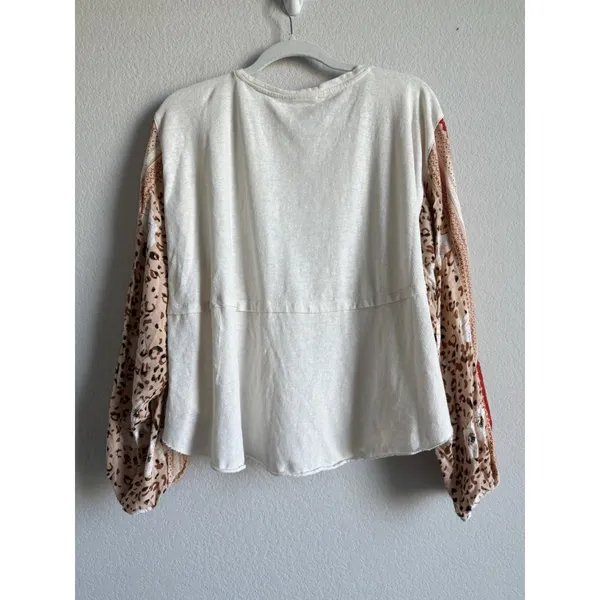Easel Women’s Large Boutique Cream Patchwork‎ Flare Balloon Long Sleeve Top Boho - Image 2
