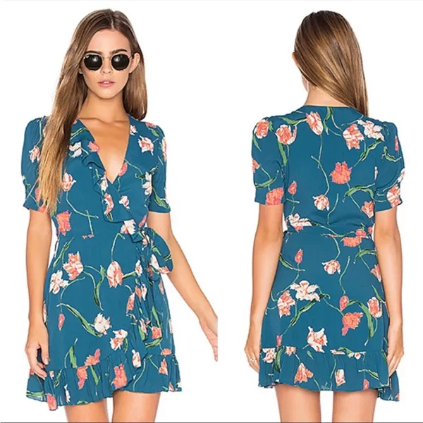 Privacy please revolve floral faux wrap dress blue‎ sz XS - Image 2