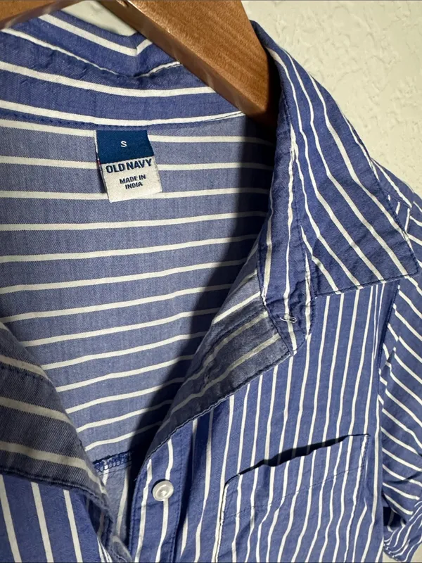 Old Navy Blue White Striped Button Front Shirt Dress Preppy Coastal Nautical - Image 4