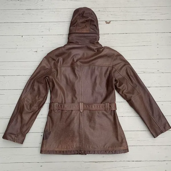 Wilson's Leather Vintage Y2K Brown Leather Jacket w/ Belt Waist + Zip-Out Hood - Image 5