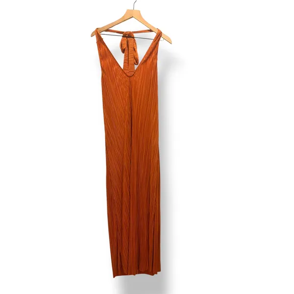 ASOS DESIGN Burnt Orange Pleated Halter Maxi Dress Size L 70s Disco Retro - Image 6