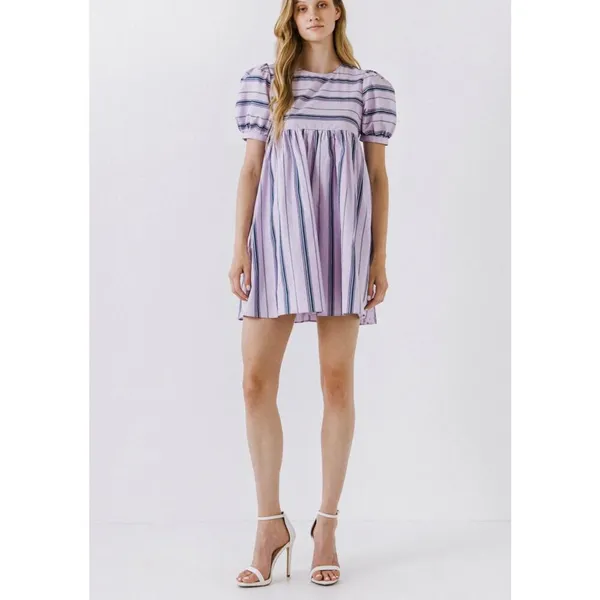 English Factory Puff Sleeve Striped Mini Dress size M Lilac Relaxed Babydoll New - Image 10