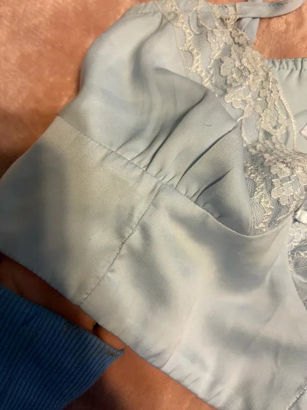 light blue silk princess polly crop top/cami top with white lace - Image 3