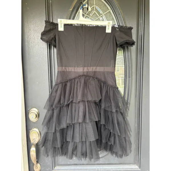 Betsy & Adam Black Tulle Off-The-Shoulder Tiered Corset Mini Dress NEW‎ Size 8 - Image 2