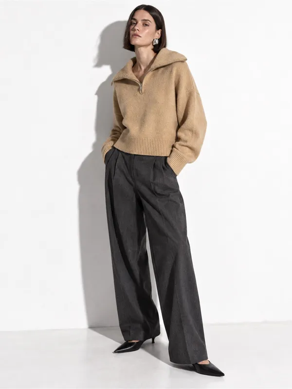 Bershka Beige Quarter Zip Oversized Collar Knit Sweater Pullover Fall Medium - Image 9