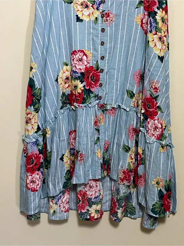 Anthropologie Maeve Blue Striped High-Low Floral Button Skirt - Image 2