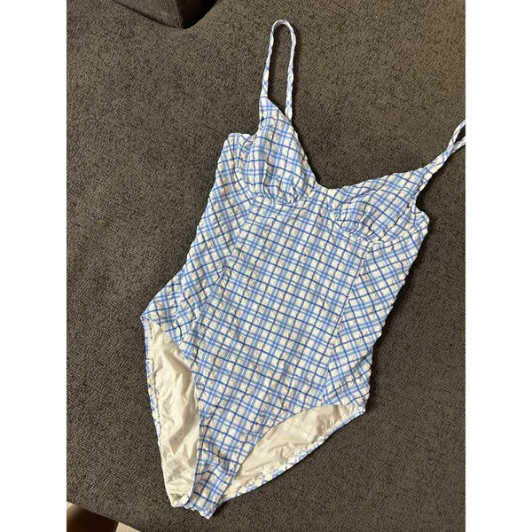 Tory Burch Check Plaid Gingham Swimsuit size M Underwire Blue White Seersucker - Image 3