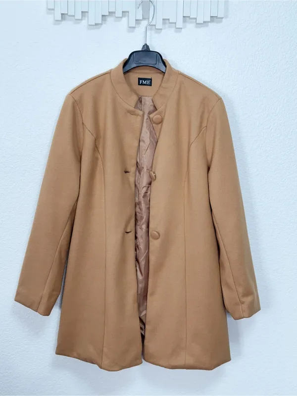 FME Camel Brown Longline Coat Stand Collar Button Front Minimalist Classic Jacke - Image 3