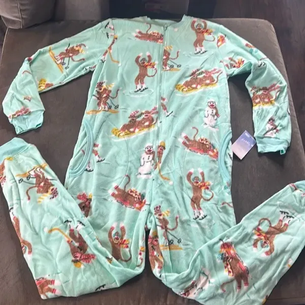 Nick & Nora Adult Teen Unisex Fleece One Piece Sock Monkeys Pajama Size S NWT - Image 3