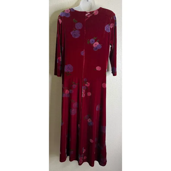 Los Angeles Gal Womens M Maxi Dress‎ Burgundy Velvet Floral 3/4 Sleeve Vintage - Image 2