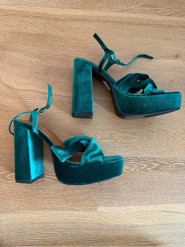 Primark Green Velvet Platform Block Heels gently used - Image 2