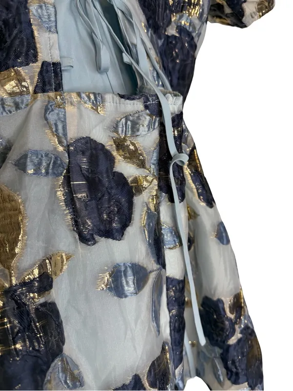💙 Lulus Blue Floral Metallic Jacquard Puff Sleeve Mini‎ Dress XL 💙 - Image 6