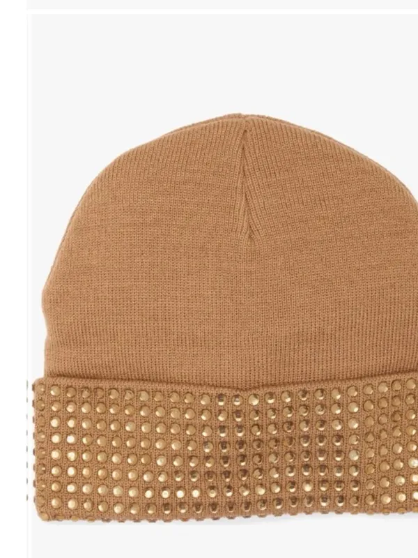 NWT Kurt Geiger London Logo Patch Crystal Cuff Beanie One Size, CAMEL - Image 6