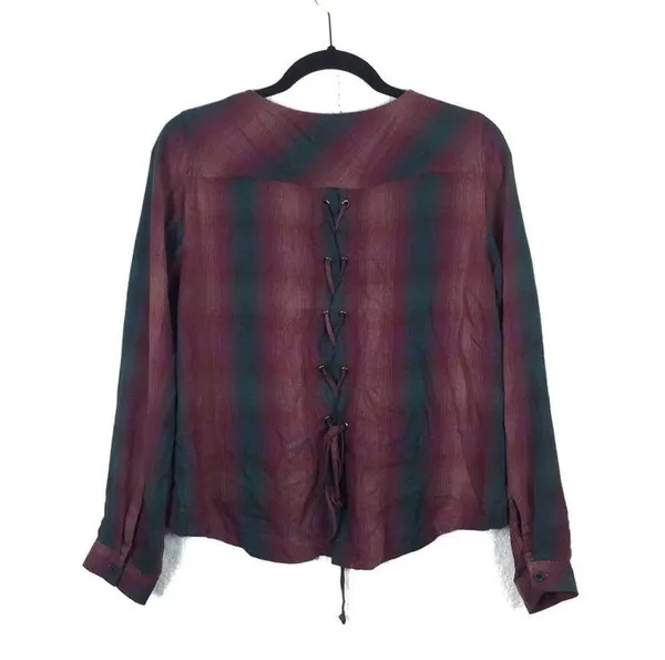 Anthropologie Cloth & Stone Plaid Lace Up Back Top - Image 9