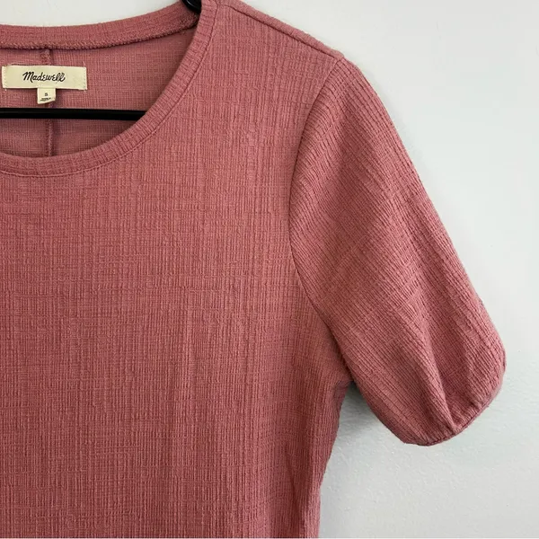 Madewell Crosshatch Short Puff-Sleeve Faux-Wrap Mini Dress Pink Mauve Size Small - Image 6