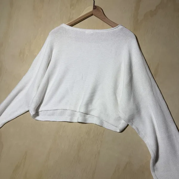 Garage White Cropped Knit Sweater Women's M/L Long Sleeve Boat Neck Cozy Top - Image 9