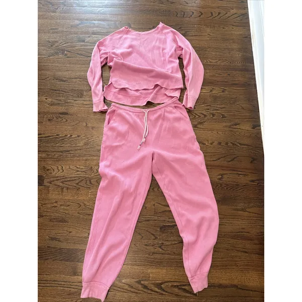 Sundry Anthropologie Pink Waffle Knit Top Pants Lounge Set Women's Large 3018 - Image 3