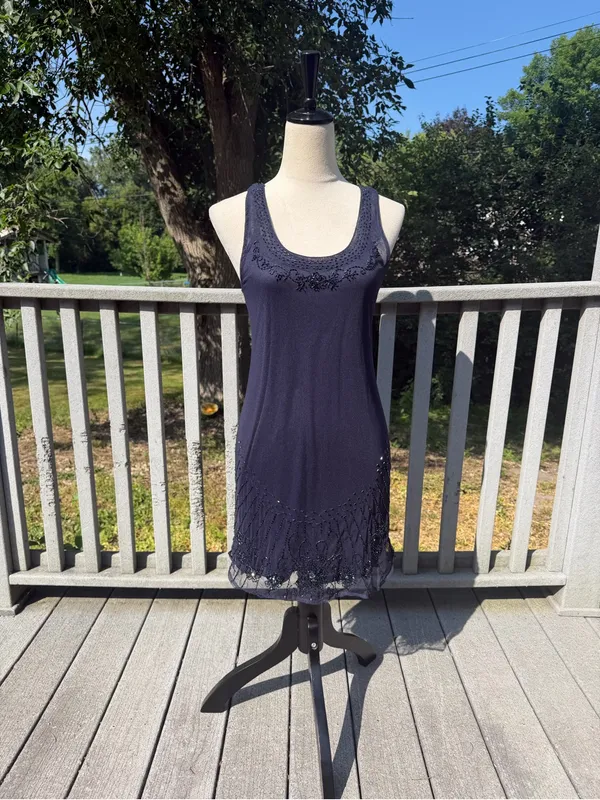 American Eagle Navy Beaded Mesh Hem Dress XS Y2K Boho Glam Embellished - Image 4