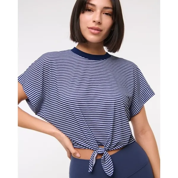 YPB Featherweight Tie-Front Tee Navy Blue Striped Active Crop Top XL - Image 4