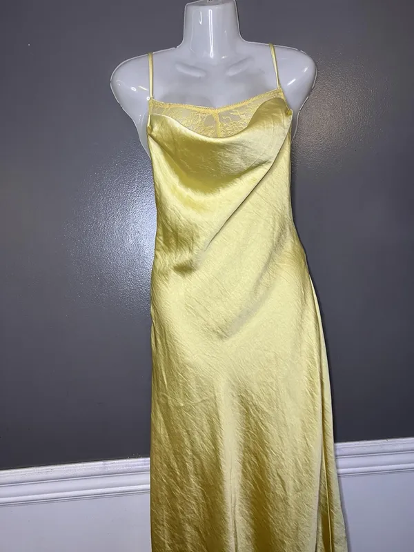 Cider Dress Womens Medium Yellow Satin Lace Cowl Neck Backless Slip Maxi - Image 4