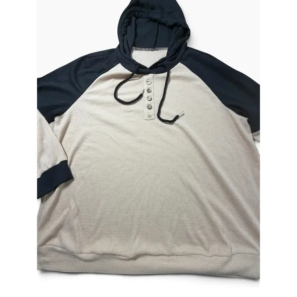 Womens Waffle Knit Colorblock Henley Hoodie Navy Cream Raglan Thermal Top XL - Image 2