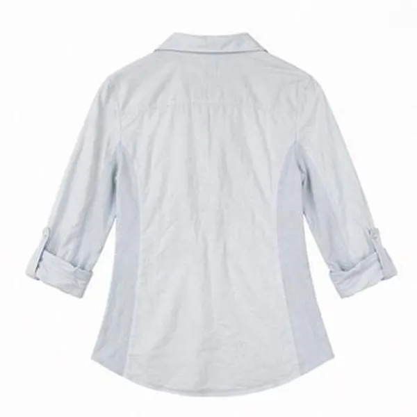 Light Blue Pinstripe Button Up Shirt Roll Sleeve Relaxed Fit Coastal Casual L - Image 3