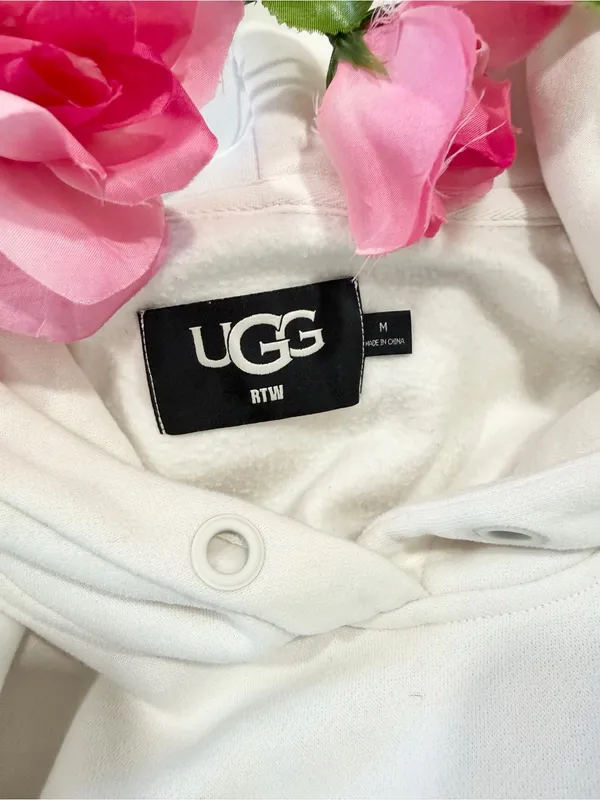 UGG Sherpa Logo Hoodie Cream Ivory Pullover Sweatshirt Cozy Fleece Casual Medium - Image 4