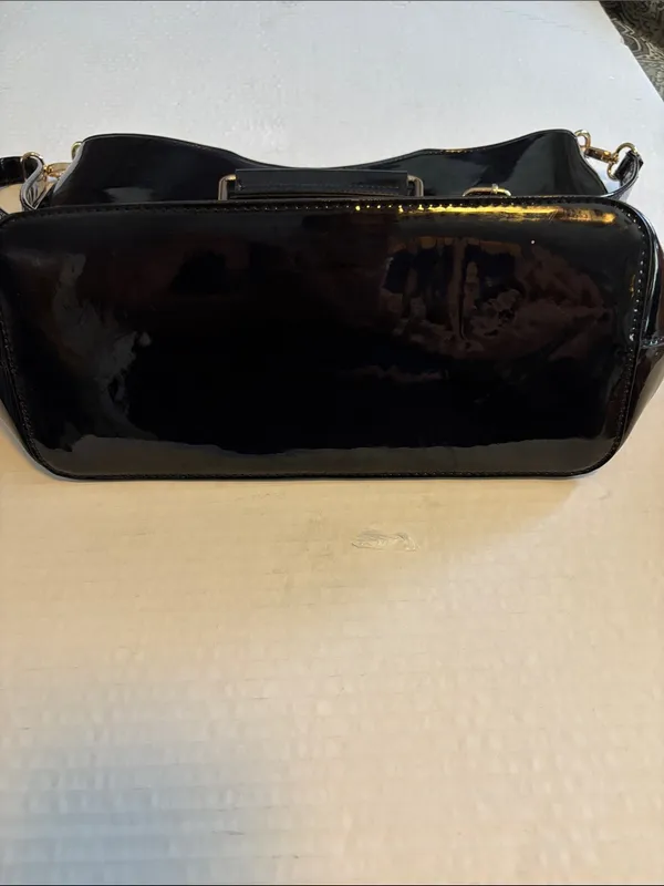 Black Patent Leather Shoulder Bag Has Gold Toned Handles Too!Very Good Condition - Image 8