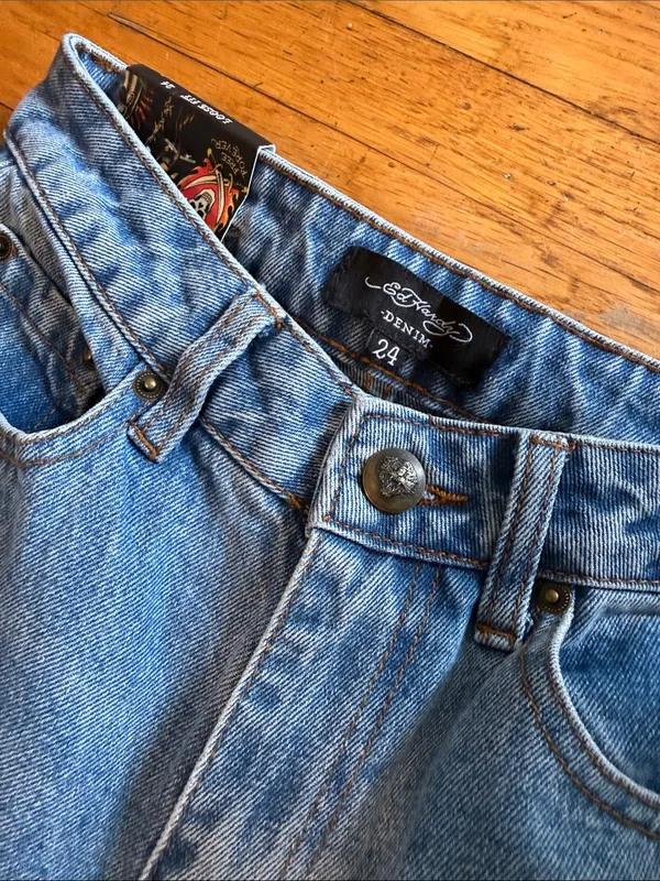 NEW Ed Hardy Light Blue Embroidered Wide Leg loose fit Women's Jeans 24 - Image 4