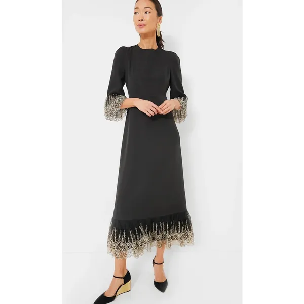 NEW Tuckernuck Pomander Place Gold Embroidered Hem Lillith Dress Black Medium - Image 4