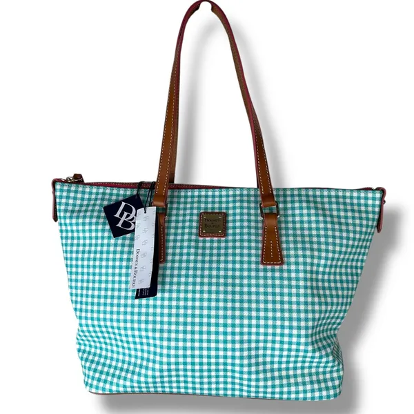 NEW Dooney & Bourke Sena Sea Foam Gingham Leather Zip Top Shopper Shoulder Bag - Image 5