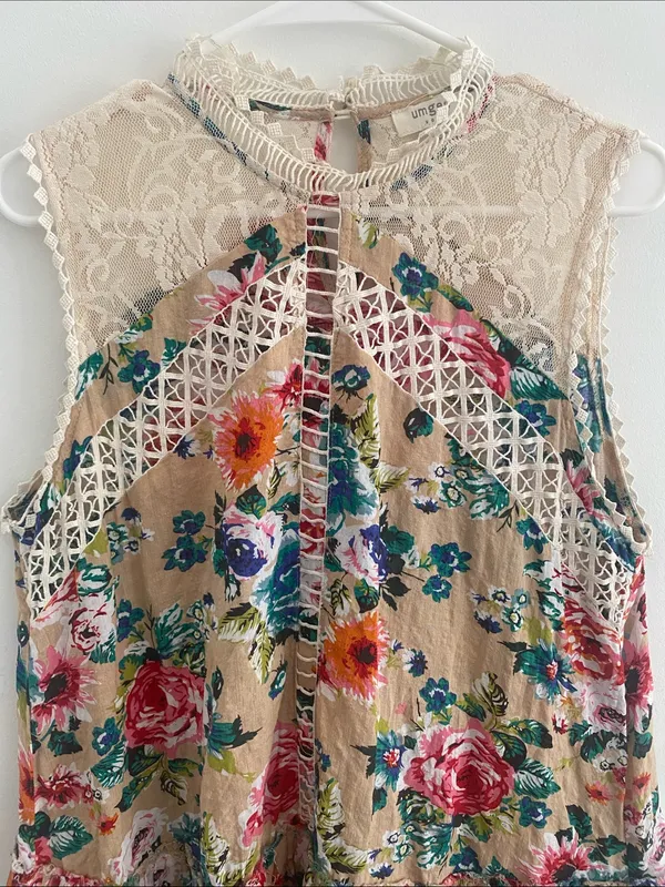 Umgee Dress Size L Tan Rose Floral Fairy Lace Sleeveless Cottage Mumu - Image 5