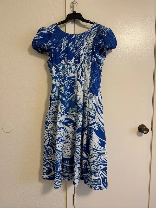 Jessie Zhao Blue Printmaking Scoop Neck Cotton Midi Dress Size 8 - Image 5