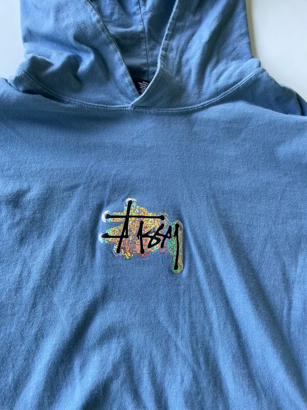 Stüssy Holographic Logo Hoodie Light Blue Size Large - Image 4