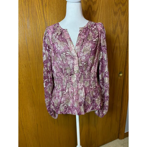 Anthropologie Somerset Floral Metallic Smocked Peplum Chiffon Blouse Size M NEW - Image 2