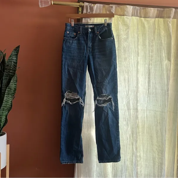 Levi's Low Pro Straight Jeans Distressed Knee Holes‎ Ripped 100% Cotton Size 24 - Image 2