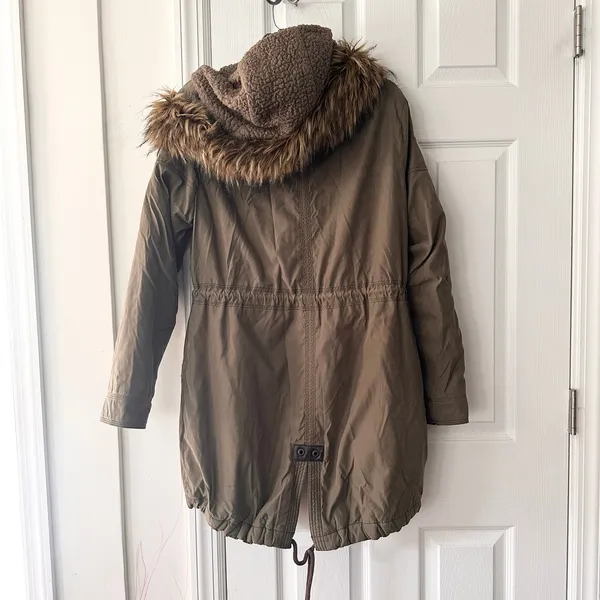 Abercrombie Military Green Brown Sherpa Fur Lined Hood Winter Parka Y2K Large - Image 6