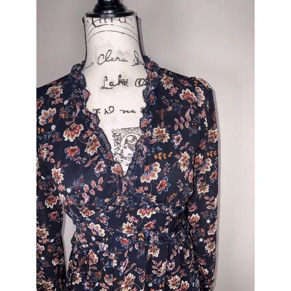 Mi Ami Black Floral Long Sleeve Ruffle Mini Dress Womens Size Medium - Image 3
