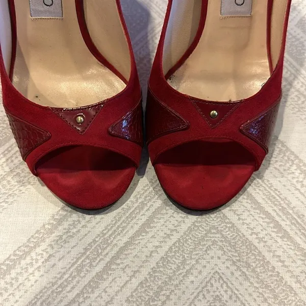 Jimmy Choo Rocky Red Suede Peep-Toe Pumps for Women – Size 37.5 - Image 2
